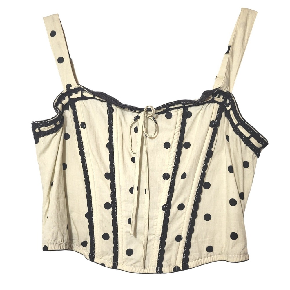 Watermelon Sugar Polka Dot Corset Top Cream Black Lace Trim Smocked Large Pinup